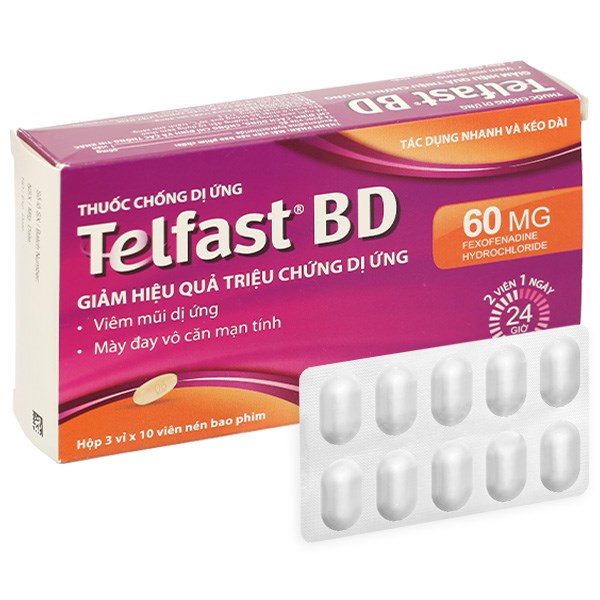 Telfast BD 60mg trị viêm mũi dị ứng, mày đay vô căn mạn tính (3 vỉ x 10 viên)